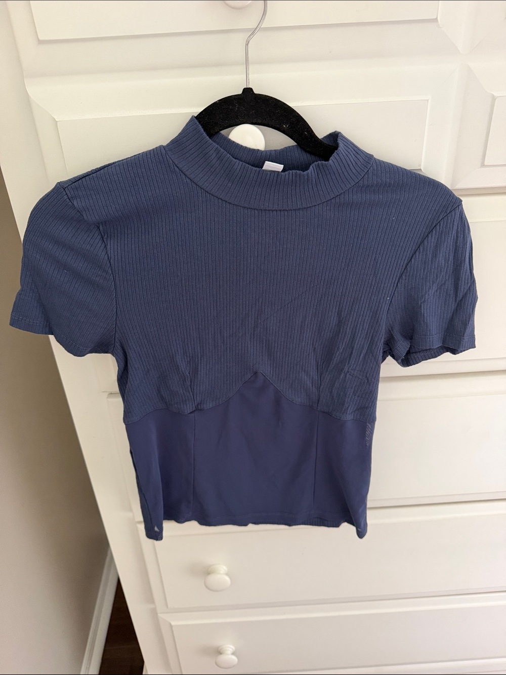Topshop Blue Ribbed Mock Neck Short Sleeve Tee